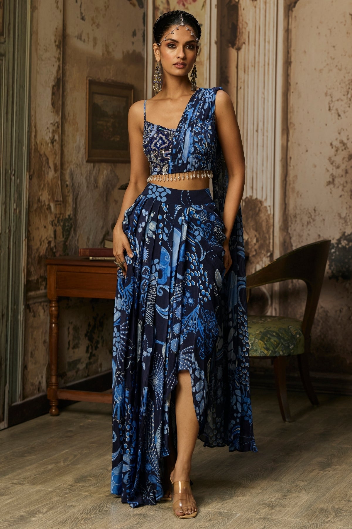 NAVY BLUE PRINTED DRAPE ASYMMETRIC CROP TOP AND SKIRT SET