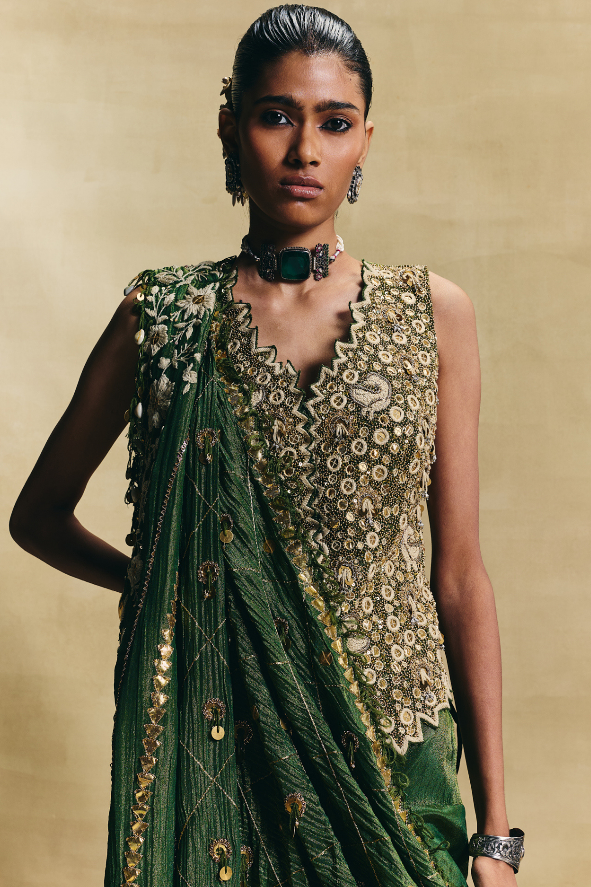 Green waistcoat saree set