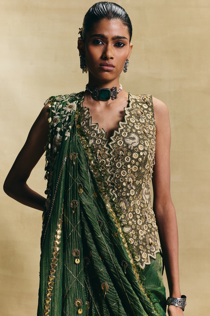 Green waistcoat saree set