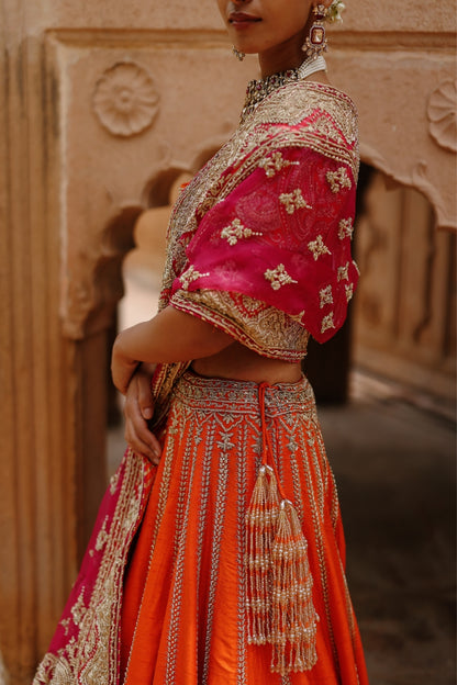 Nagma  - Orange Lehenga Set with Blouse & Hot Pink Dupatta