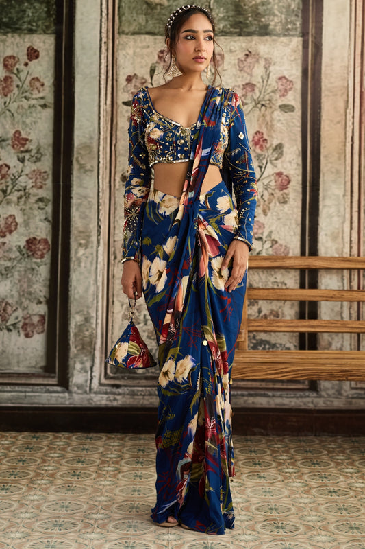 BLUE FLORAL PRINTED SKIRT SAREE SET