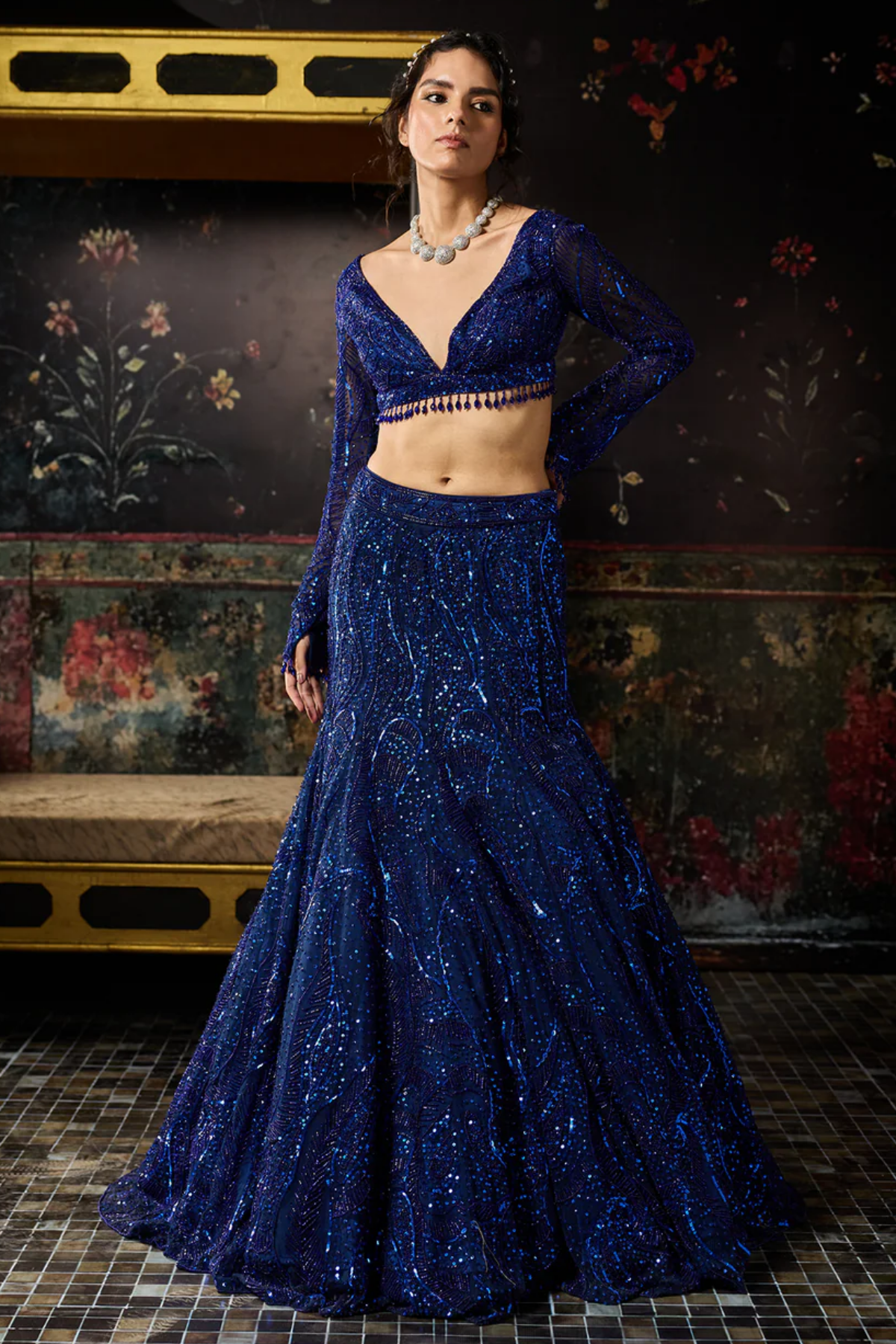 ELECTRIC BLUE EMBELLISHED MERMAID SKIRT SET