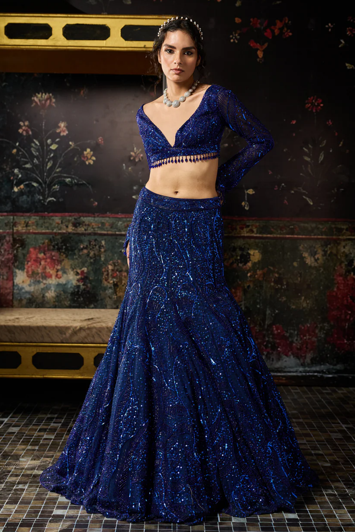 ELECTRIC BLUE EMBELLISHED MERMAID SKIRT SET