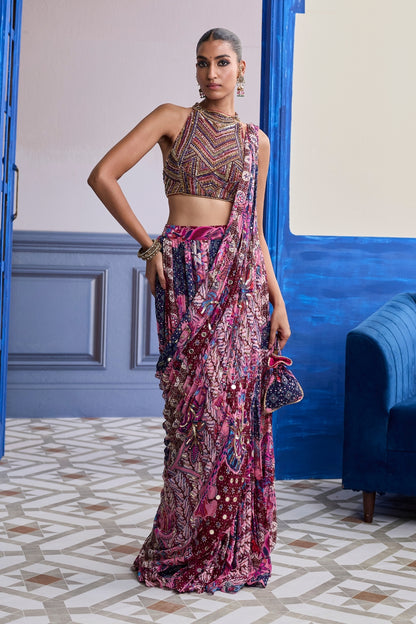 FUCHSIA EMBROIDERED BLOUSE WITH FLORAL DRAPE TIERED SAREE SET