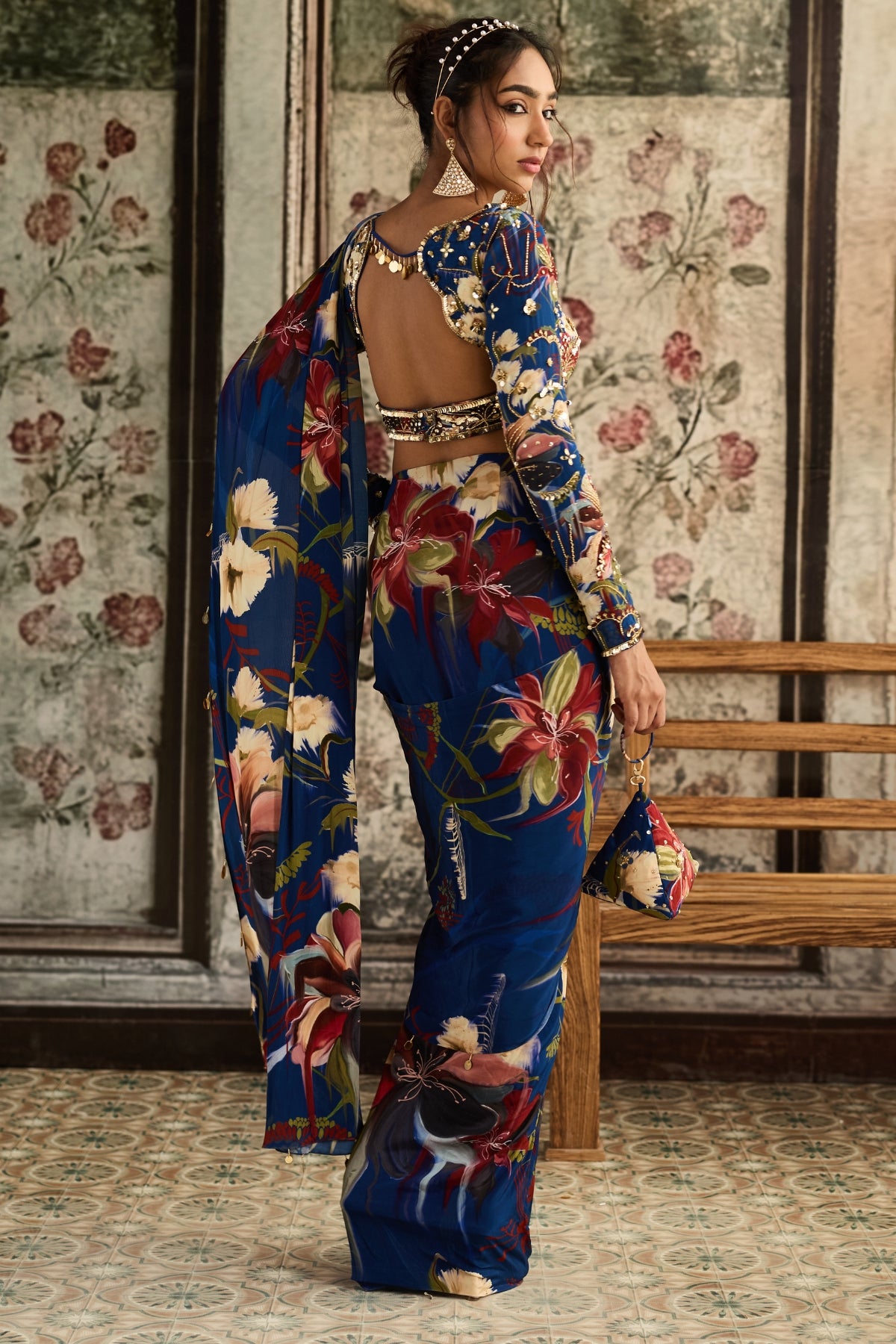 BLUE FLORAL PRINTED SKIRT SAREE SET