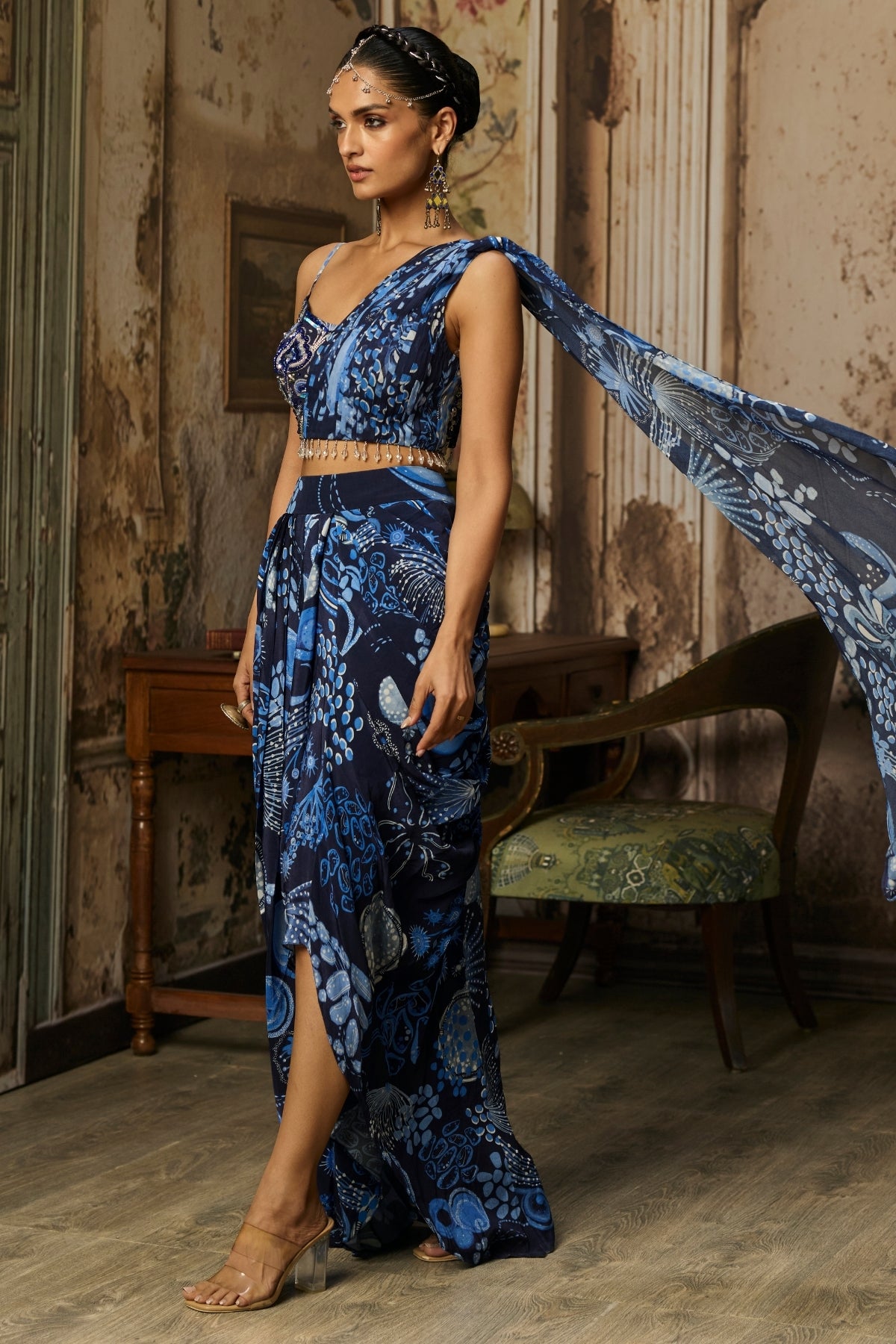 NAVY BLUE PRINTED DRAPE ASYMMETRIC CROP TOP AND SKIRT SET