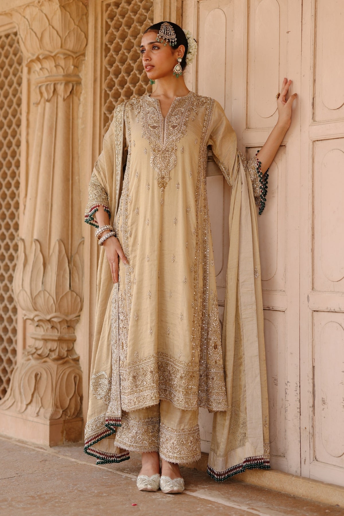 Nazaara - Gold Tissue Long Kalidaar Chauga Set with Palazzo & Dupatta
