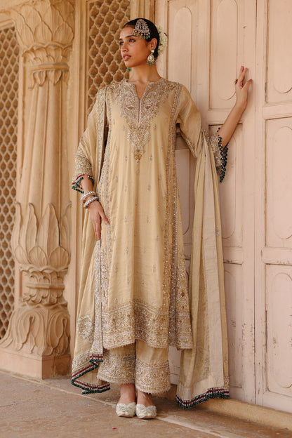 Nazaara - Gold Tissue Long Kalidaar Chauga Set with Palazzo & Dupatta