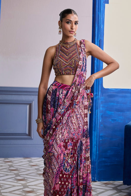 FUCHSIA EMBROIDERED BLOUSE WITH FLORAL DRAPE TIERED SAREE SET