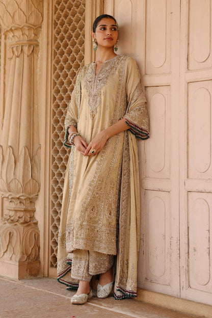 Nazaara - Gold Tissue Long Kalidaar Chauga Set with Palazzo & Dupatta
