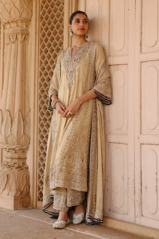 Nazaara - Gold Tissue Long Kalidaar Chauga Set with Palazzo & Dupatta