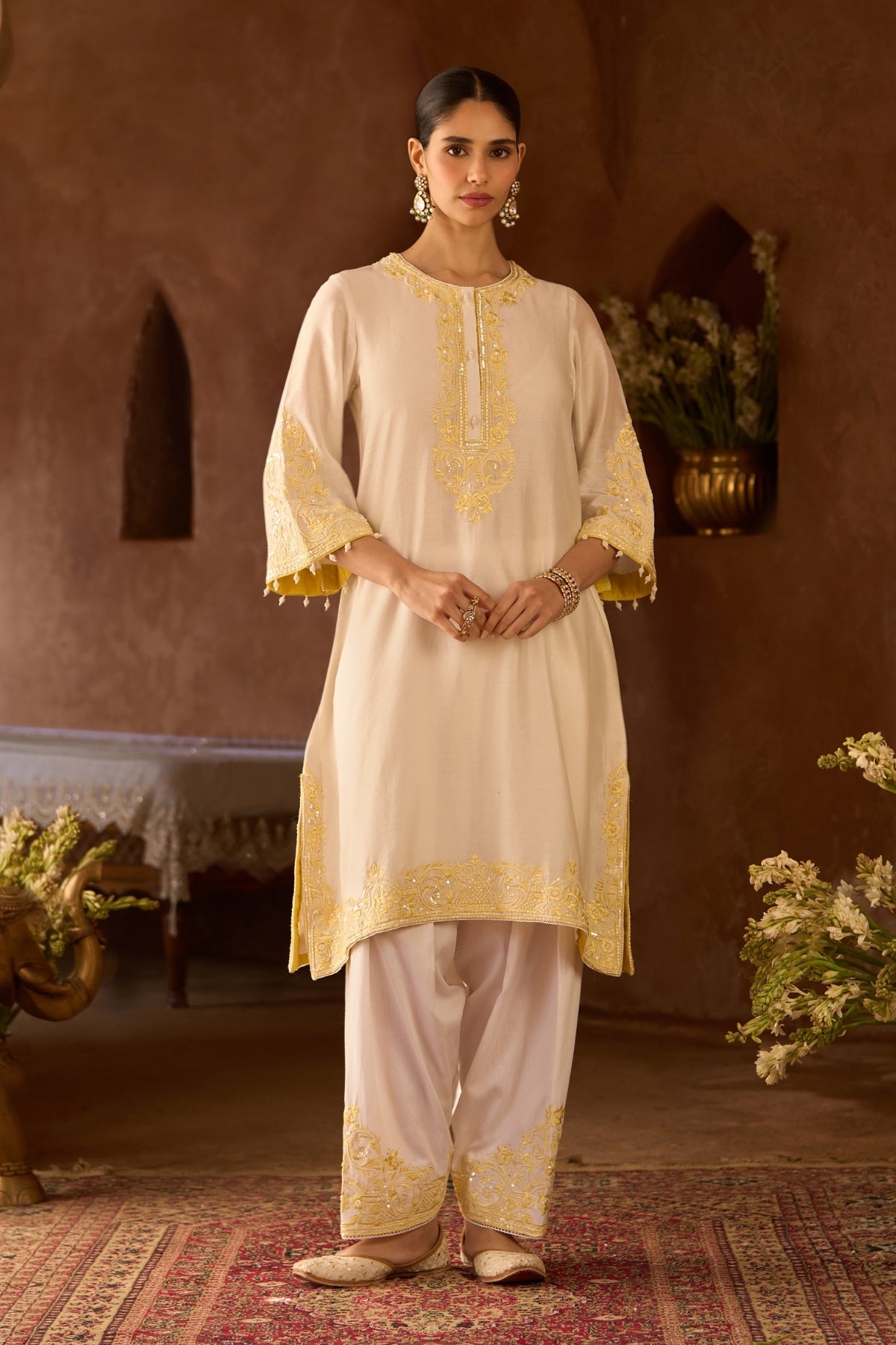 Hani - Daisy Ivory With Lemon Yellow A-line Kurta With Salwar And Dupatta