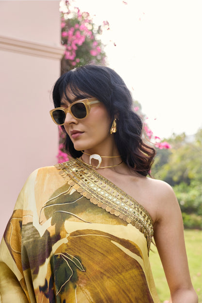 BUTTER YELLOW FLORAL, ONE SHOULDER KAFTAN SET