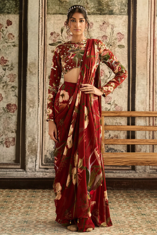 RED FLORAL PRINTED SKIRT SAREE SET