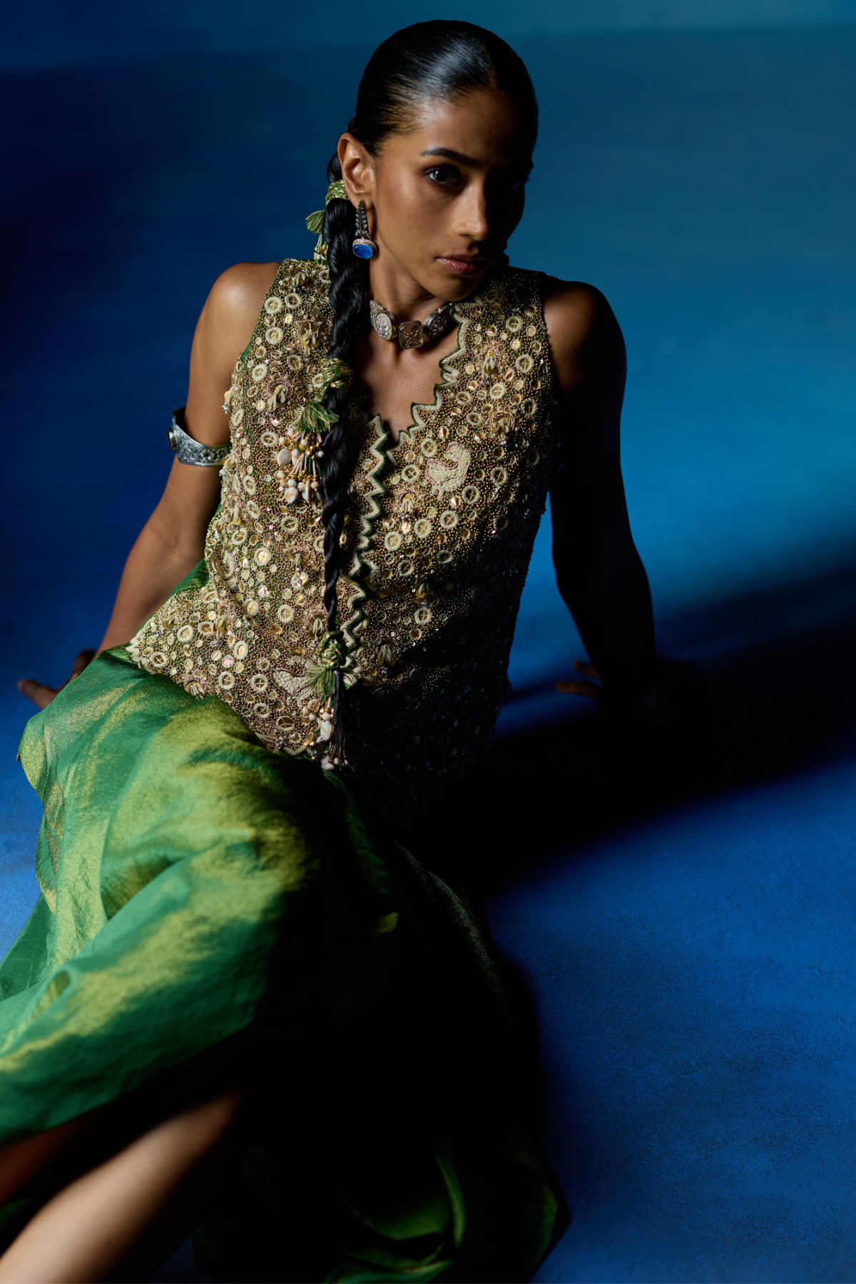 Green waistcoat & draped skirt