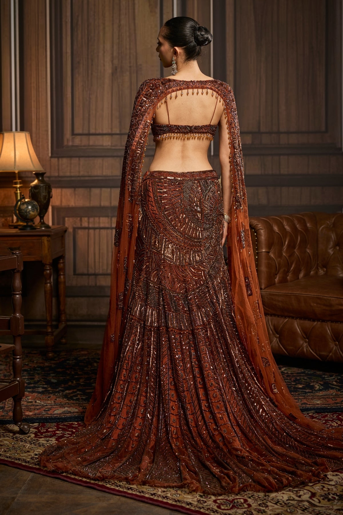 CARAMEL BROWN FULLY EMBROIDERED MERMAID TRAILSKIRT SAREE SET