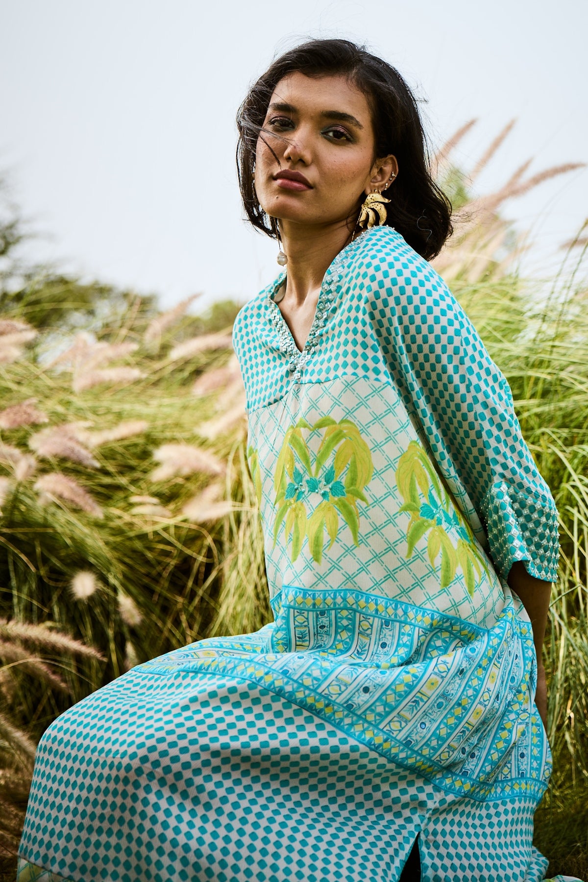 Printed Aqua Green Chiffon Kaftan