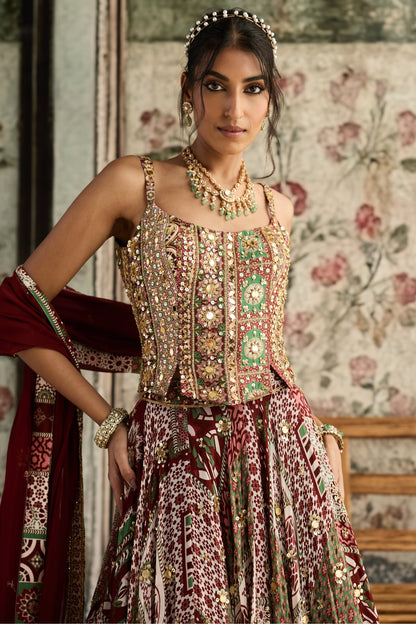 SAGE-MAROON PRINT AND HIGHLIGHTED CORSET BLOUSE LEHENGA SET
