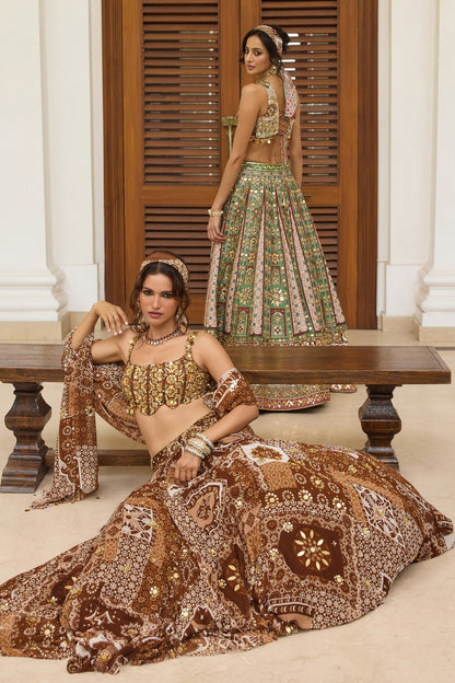 SAGE-MAROON PRINT AND HIGHLIGHTED  LEHENGA SET