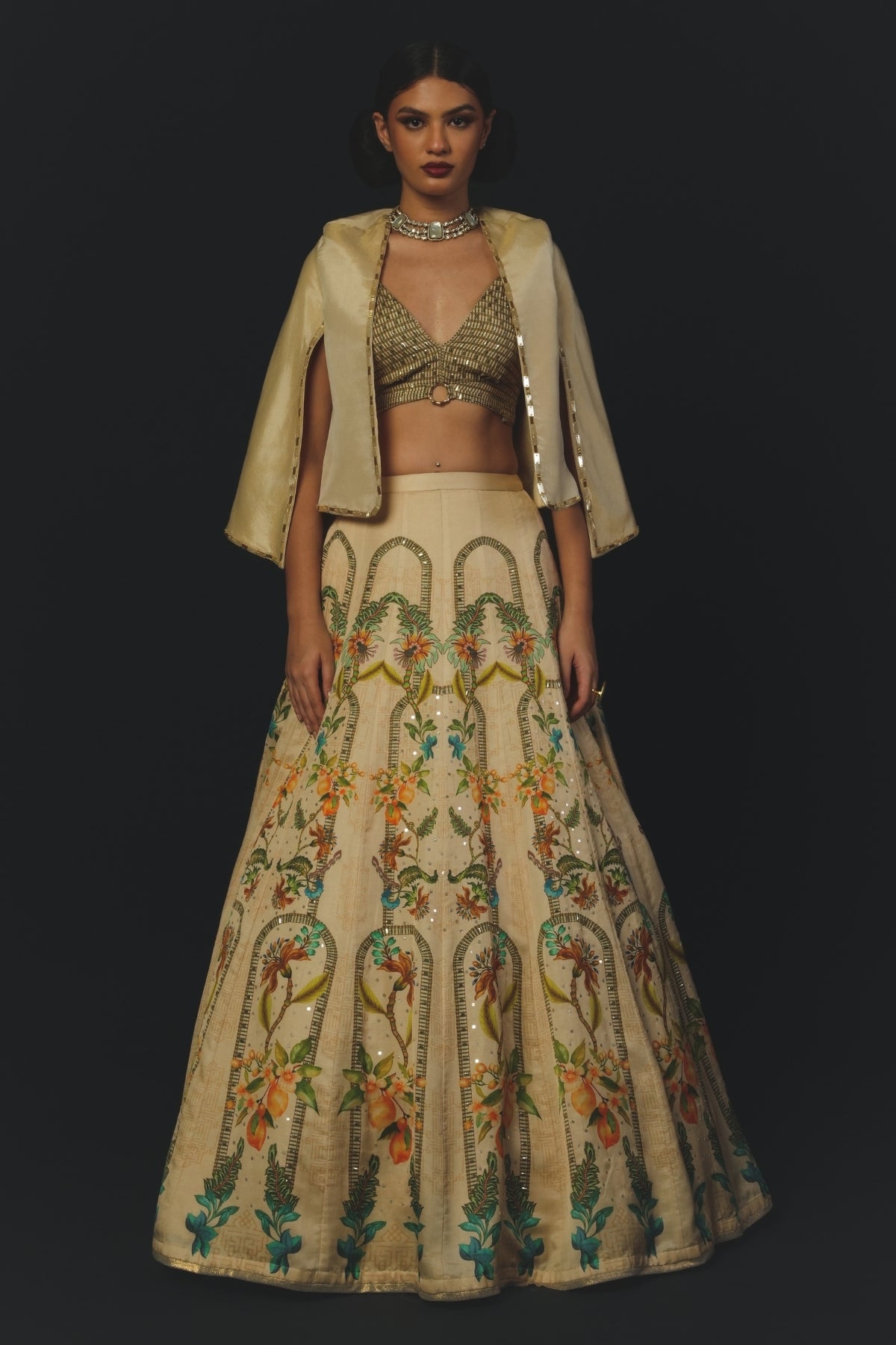 Beige Linen Satin & Tussar Lehenga Set