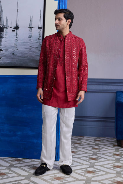 MAROON MIRROR EMBROIDERED & THREAD WORK BANDHGLA JACKET WITH KURTA & PANTS