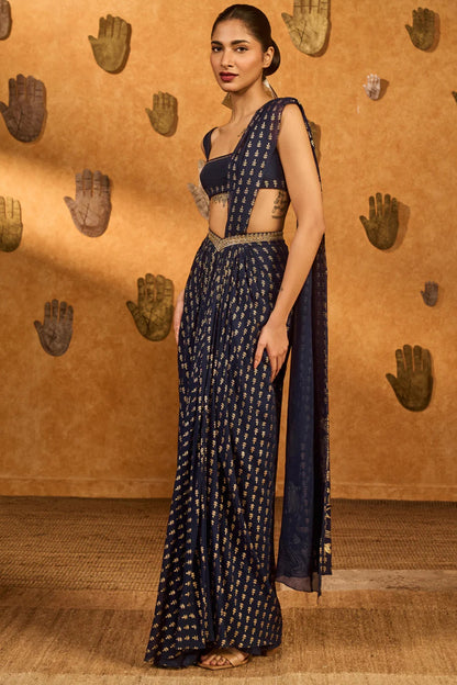 Navy Blue Snow Light Stitched Saree