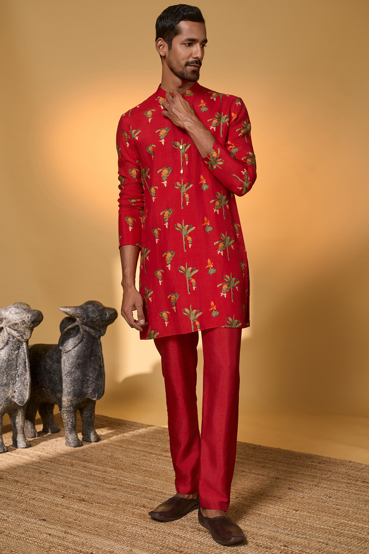 Red Tropical Kurta Set