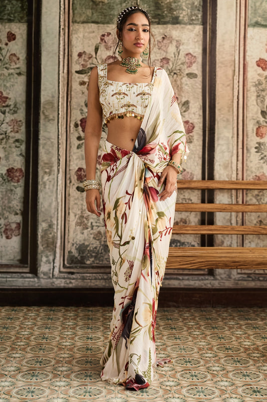IVORY FLORAL PRINTED SKIRT SAREE SET
