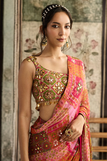 SAGE BUTTA PRINT AND HIGHLIGHTED ONE-SHOULDER BLOUSE WITH YELLOW-FUSCHIA PRE-DRAPED CLASSIC SAREE SET