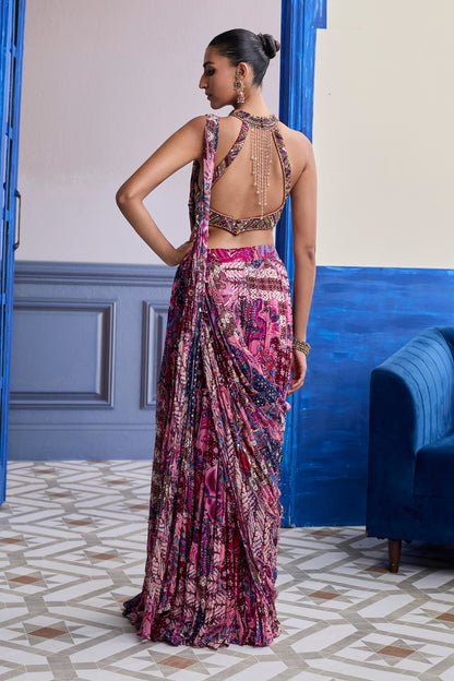 FUCHSIA EMBROIDERED BLOUSE WITH FLORAL DRAPE TIERED SAREE SET