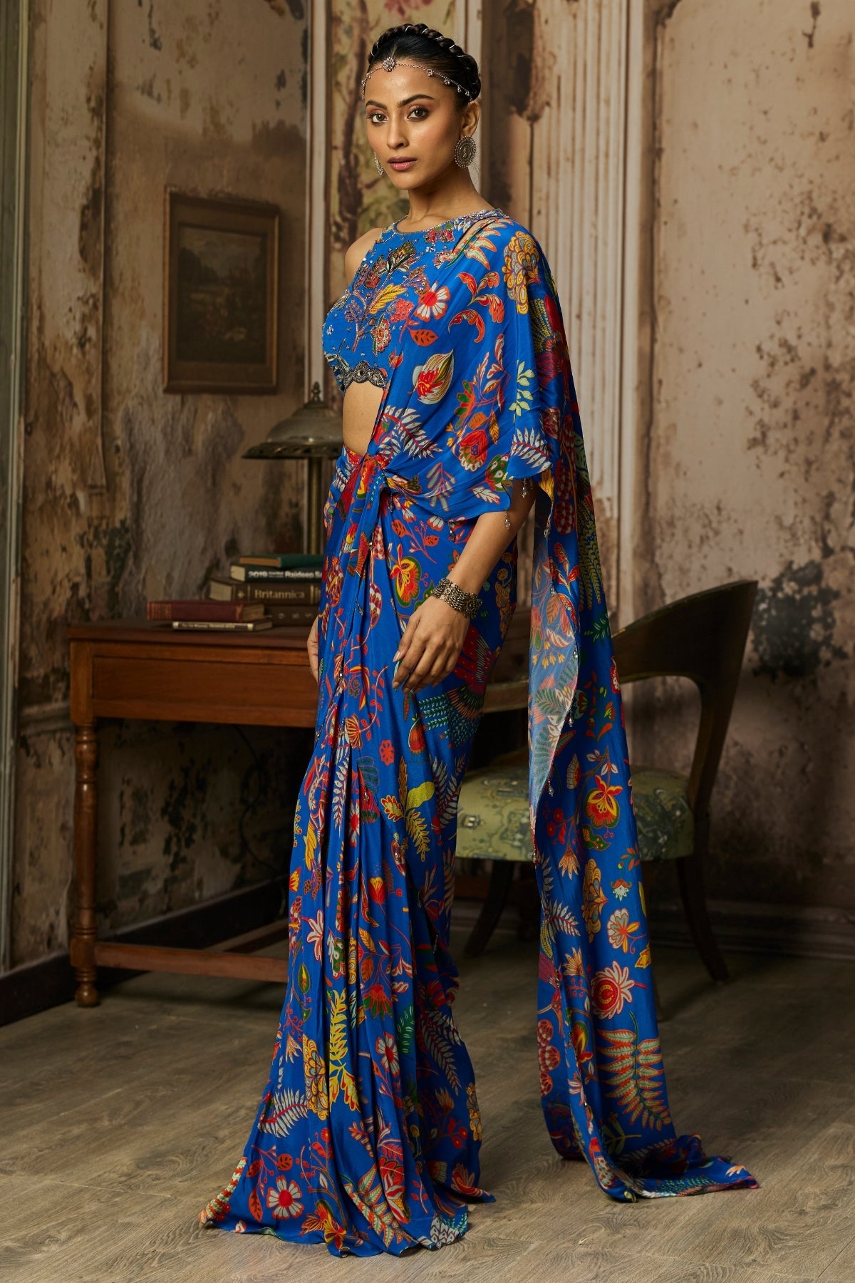 ELECTRIC BLUE PRINTED AND HIGHLIGHTED DHOTI SKIRT SAREE SET