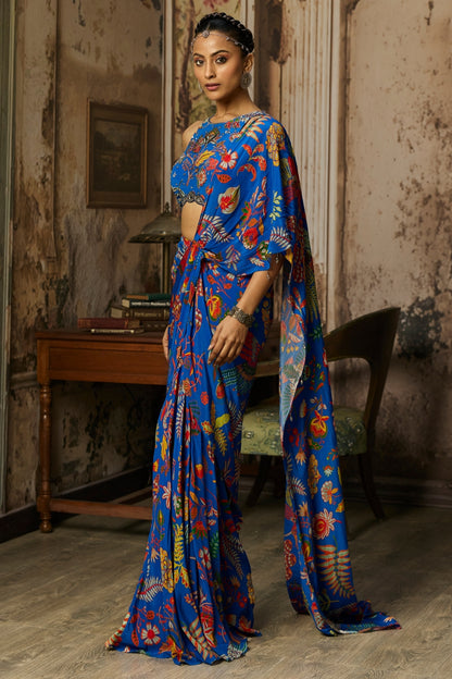 ELECTRIC BLUE PRINTED AND HIGHLIGHTED DHOTI SKIRT SAREE SET