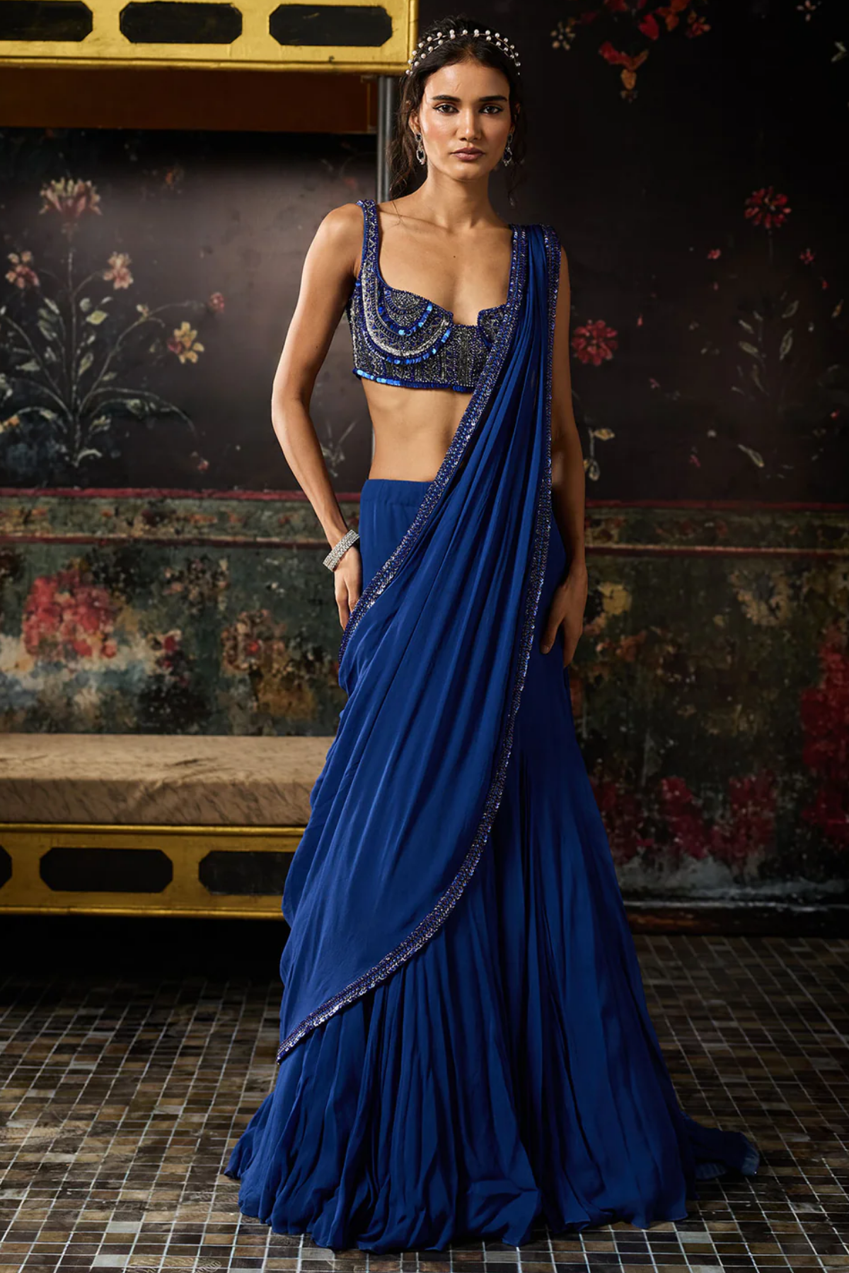 ELECTRIC BLUE MERMAID SKIRT SAREE SET