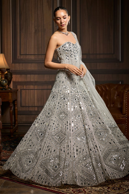 Silver Embellished Mirrorwork Lehenga Set