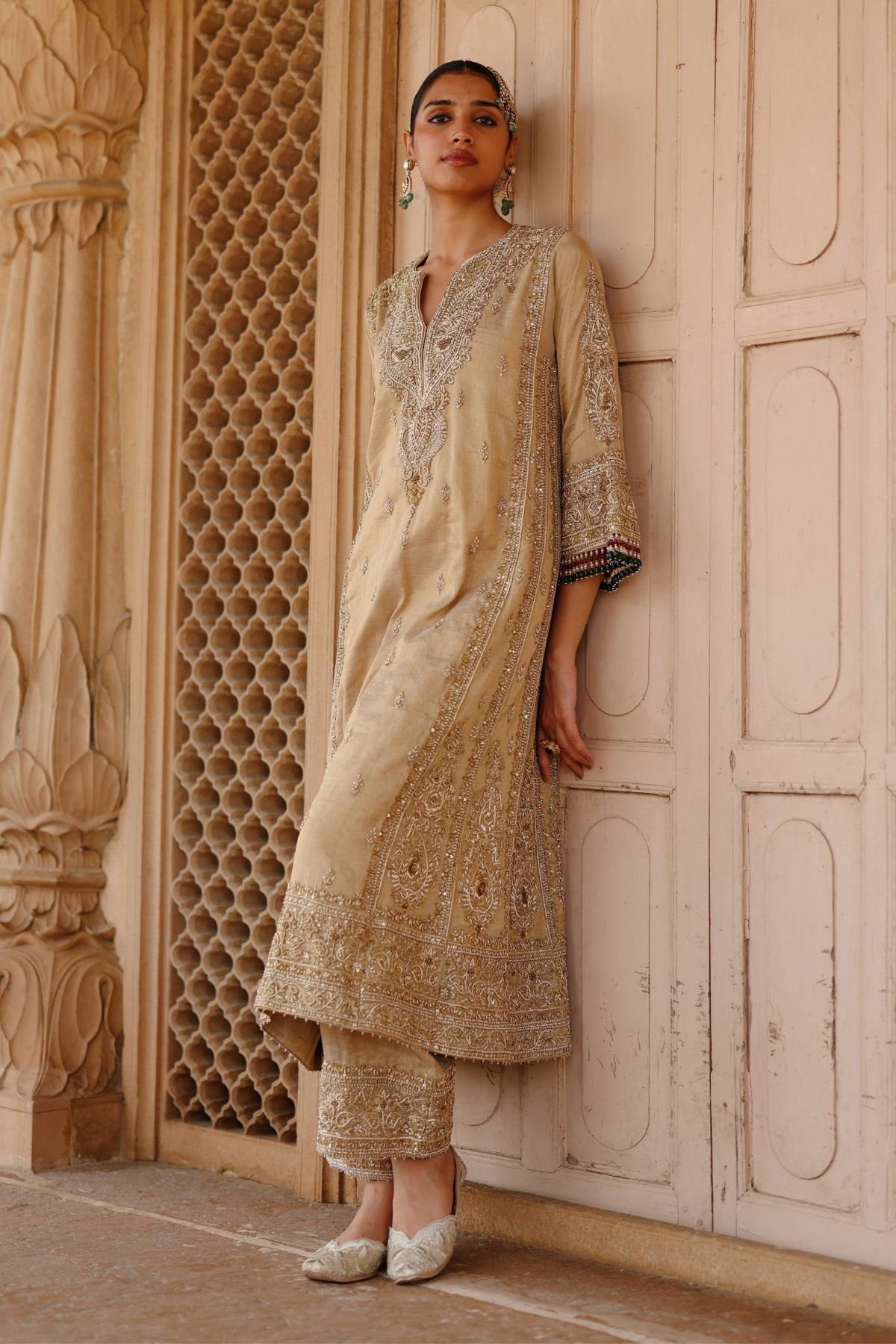 Nazaara - Gold Tissue Long Kalidaar Chauga Set with Palazzo & Dupatta