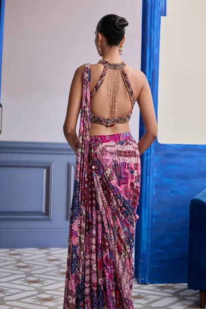 FUCHSIA EMBROIDERED BLOUSE WITH FLORAL DRAPE TIERED SAREE SET