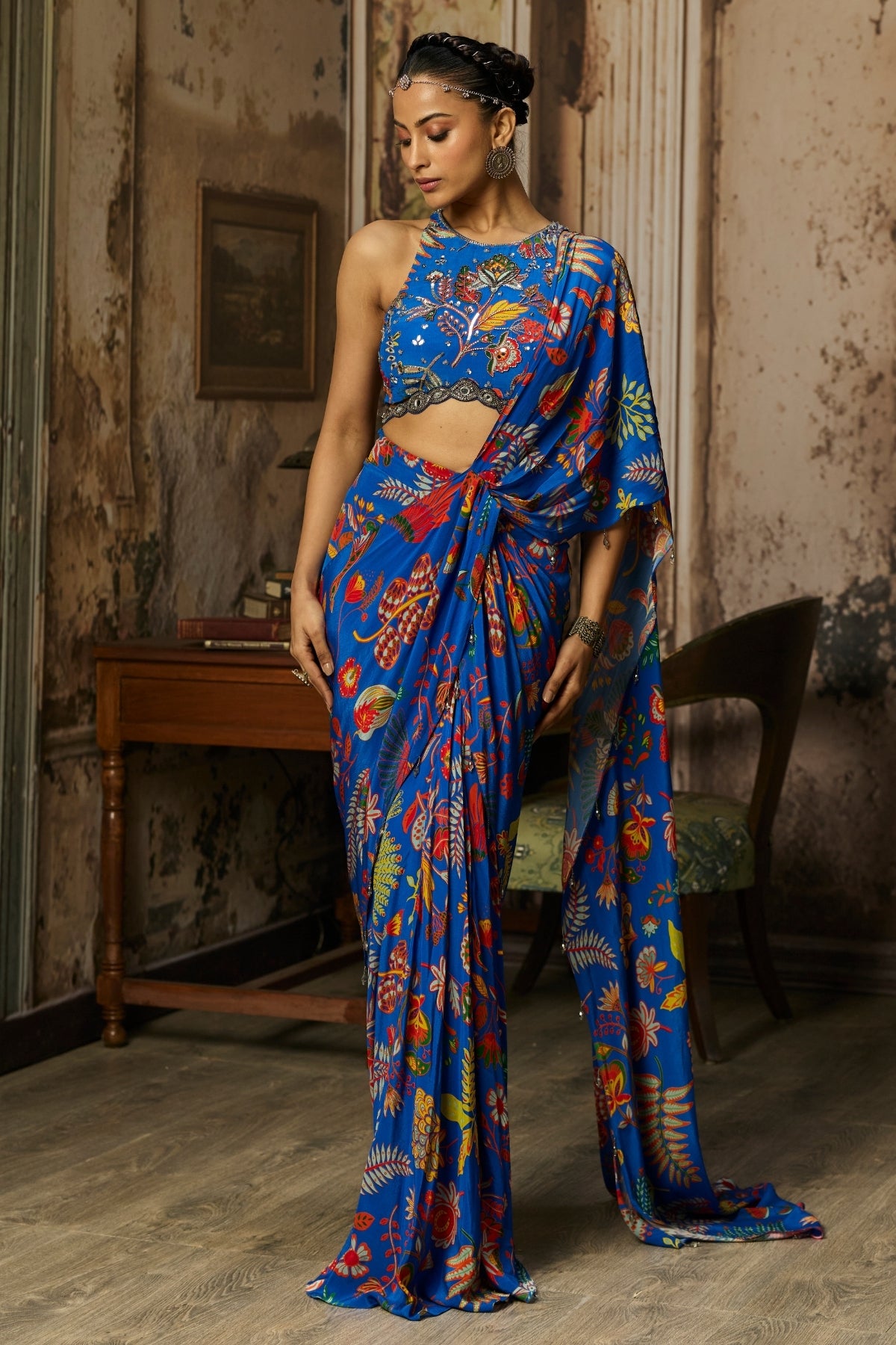 ELECTRIC BLUE PRINTED AND HIGHLIGHTED DHOTI SKIRT SAREE SET