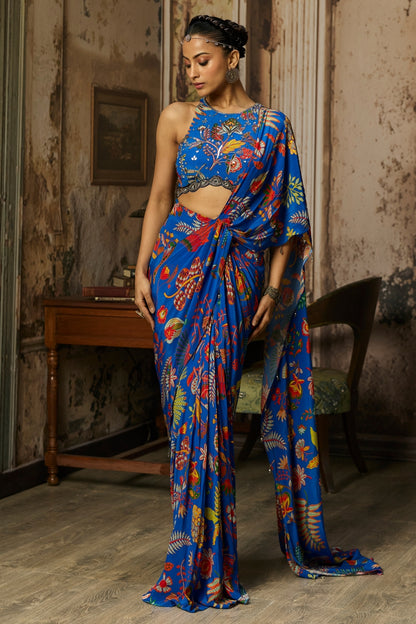 ELECTRIC BLUE PRINTED AND HIGHLIGHTED DHOTI SKIRT SAREE SET
