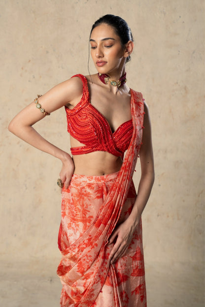 Printed Red Tissue Saree