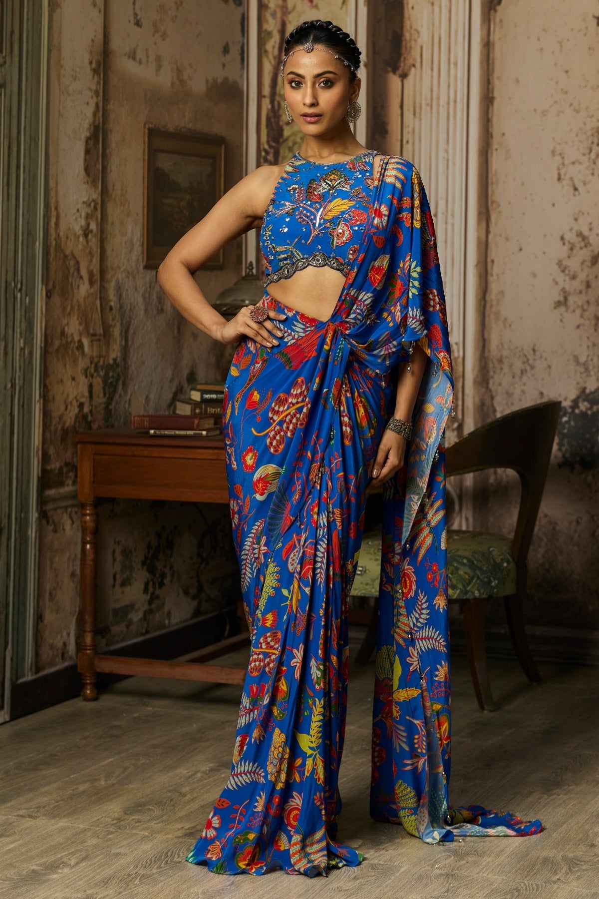 ELECTRIC BLUE PRINTED AND HIGHLIGHTED DHOTI SKIRT SAREE SET