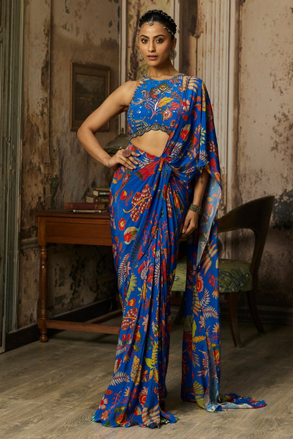 ELECTRIC BLUE PRINTED AND HIGHLIGHTED DHOTI SKIRT SAREE SET