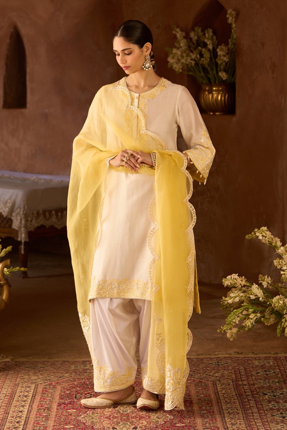 Hani - Daisy Ivory With Lemon Yellow A-line Kurta With Salwar And Dupatta