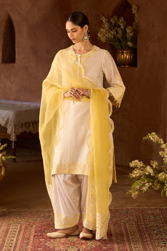 Hani - Daisy Ivory With Lemon Yellow A-line Kurta With Salwar And Dupatta