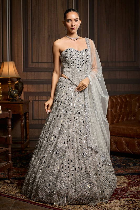 Silver Embellished Mirrorwork Lehenga Set