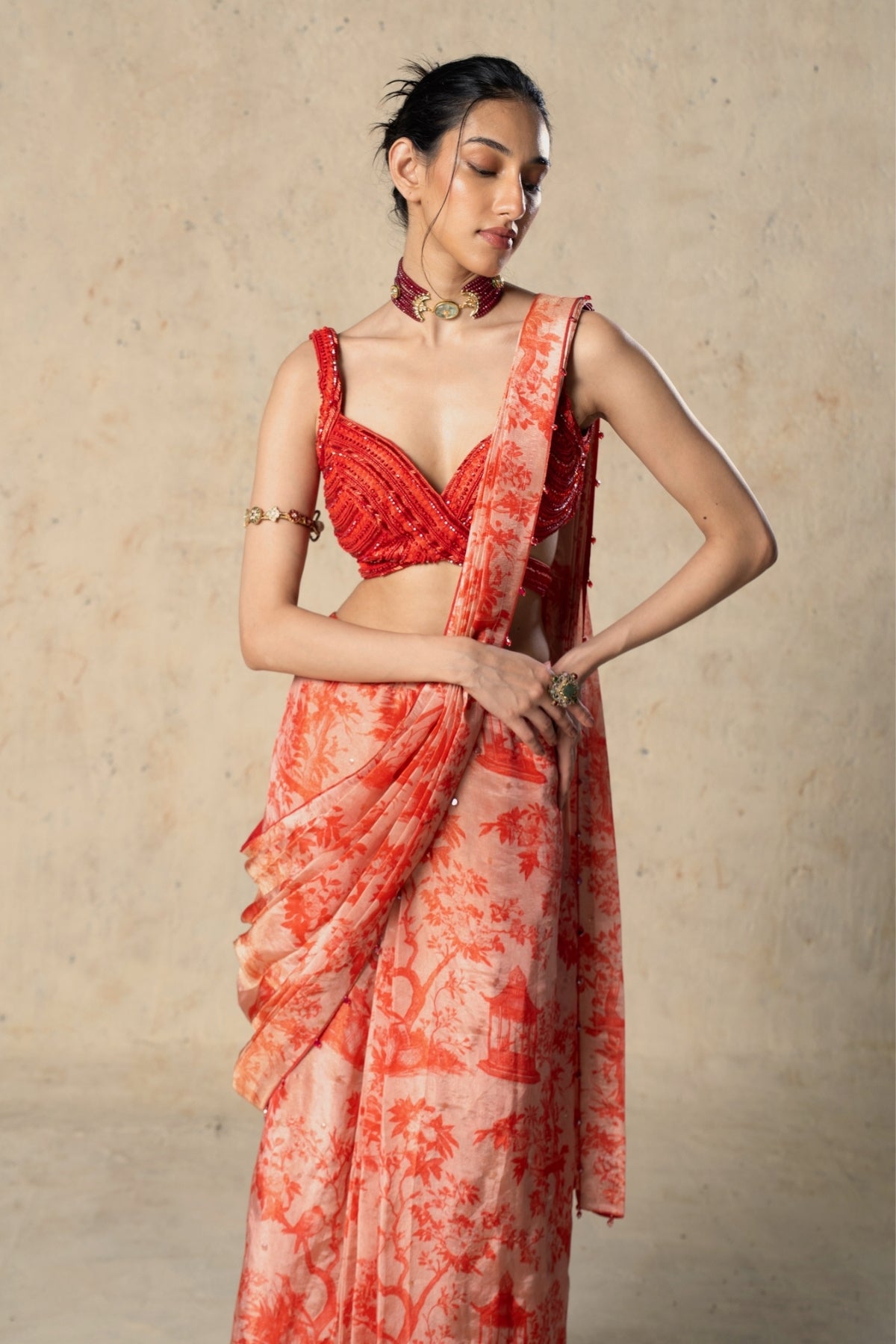 Printed Red Tissue Saree
