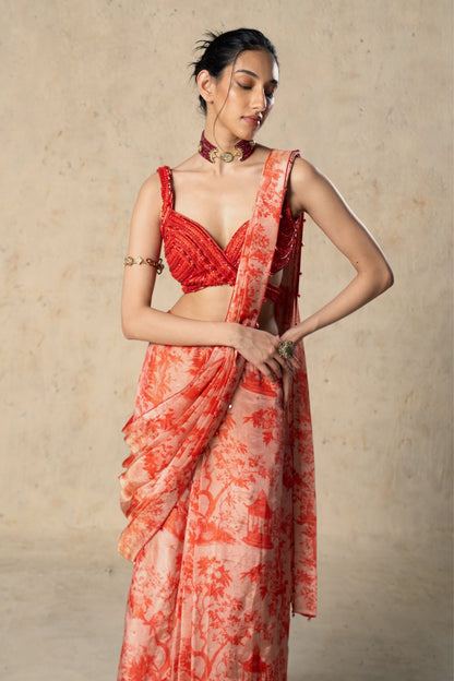 Printed Red Tissue Saree