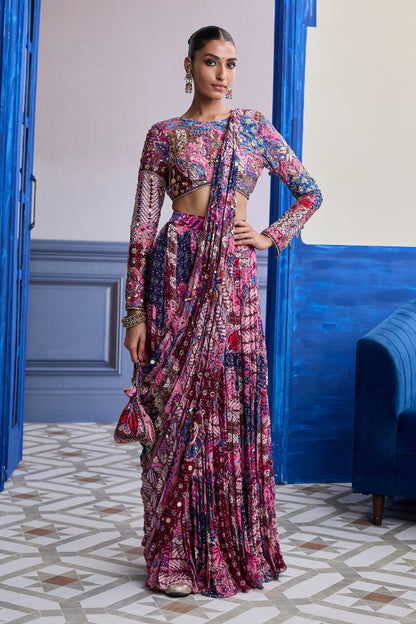 FUCHSIA FLORAL BLOUSE WITH DRAPE TIERED SAREE SKIRT SET