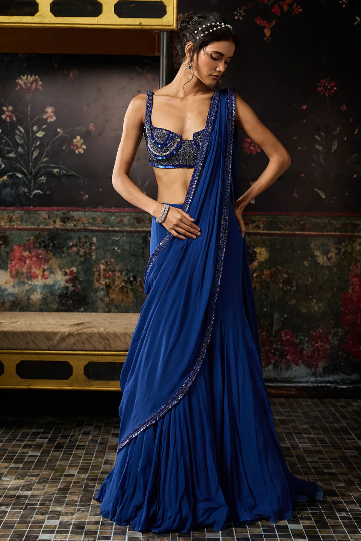 ELECTRIC BLUE MERMAID SKIRT SAREE SET