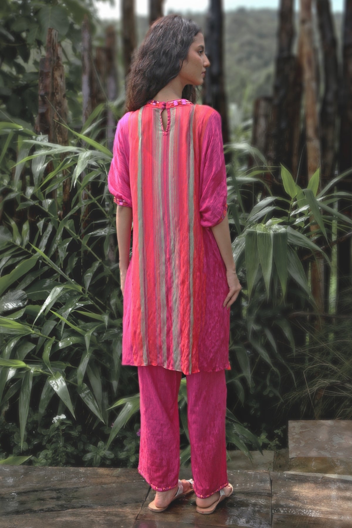 Pink Chinon Chiffon Striped Embroidered Co-Ord Set