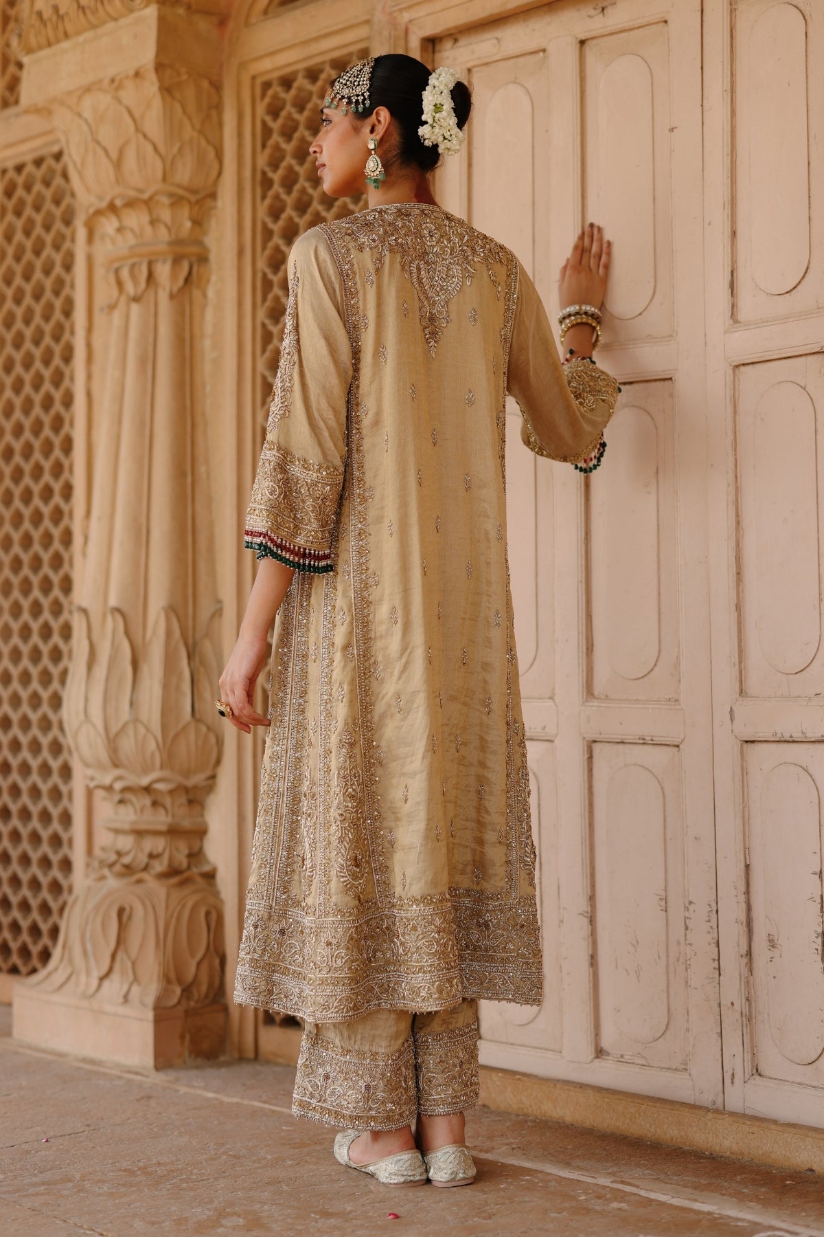 Nazaara - Gold Tissue Long Kalidaar Chauga Set with Palazzo & Dupatta